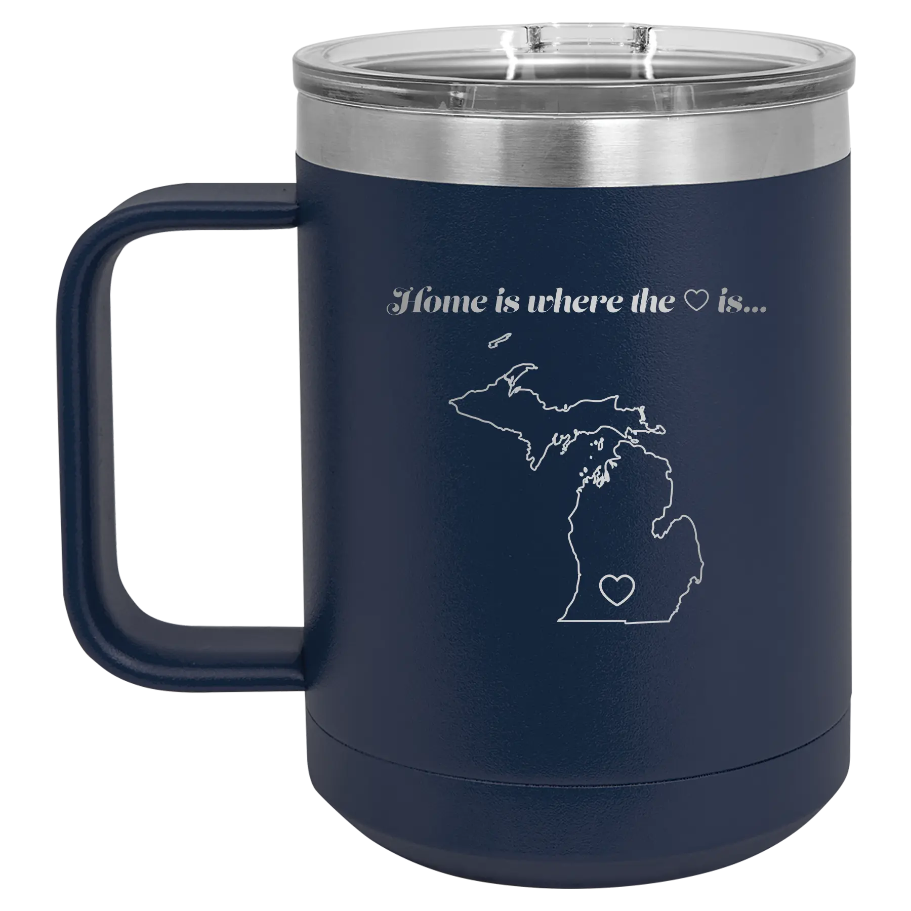 Laser etched navy 15 oz vacuum insulated coffee mug with 'Michigan Heart' design