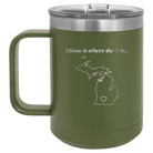 Laser etched olive green 15 oz vacuum insulated coffee mug with 'Michigan Heart' design