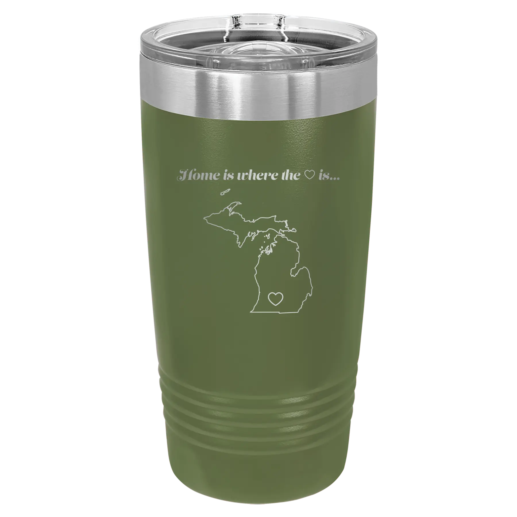 Laser etched olive green 20 oz vacuum insulated tumbler with 'Michigan Heart' design