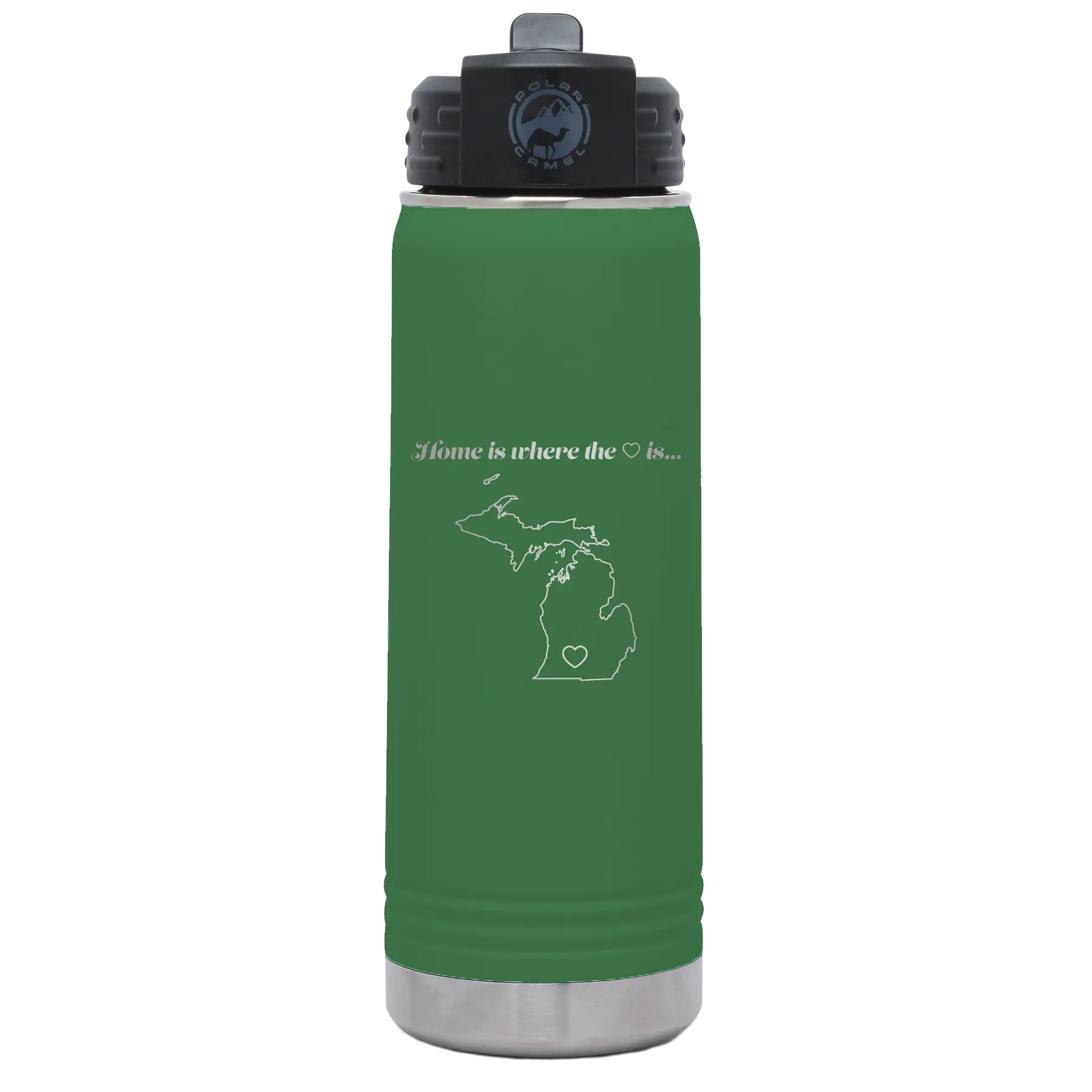 Laser etched green 20 oz vacuum insulated water bottle with 'Michigan Heart' design