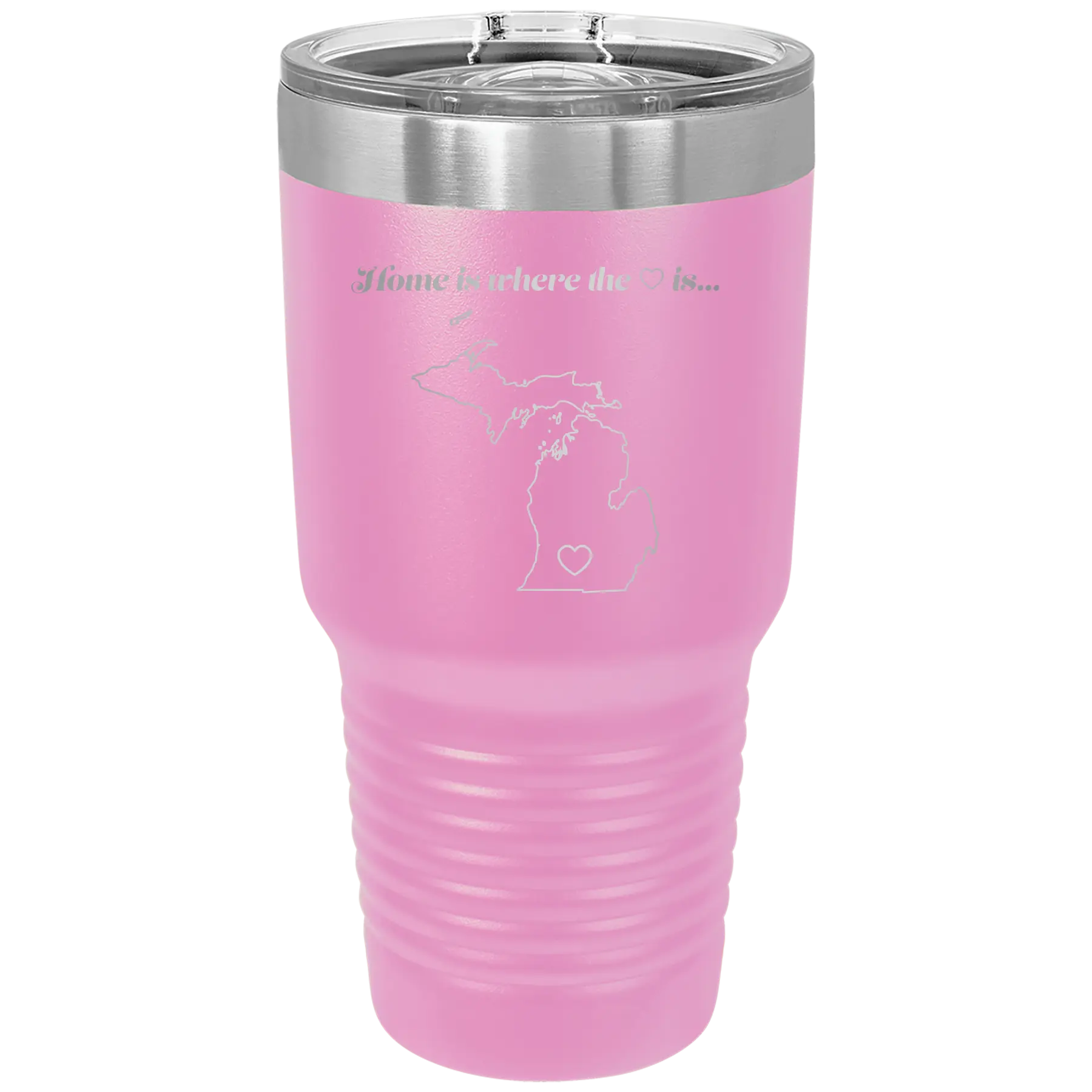 Laser etched light purple 30 oz vacuum insulated tumbler with 'Michigan Heart' design