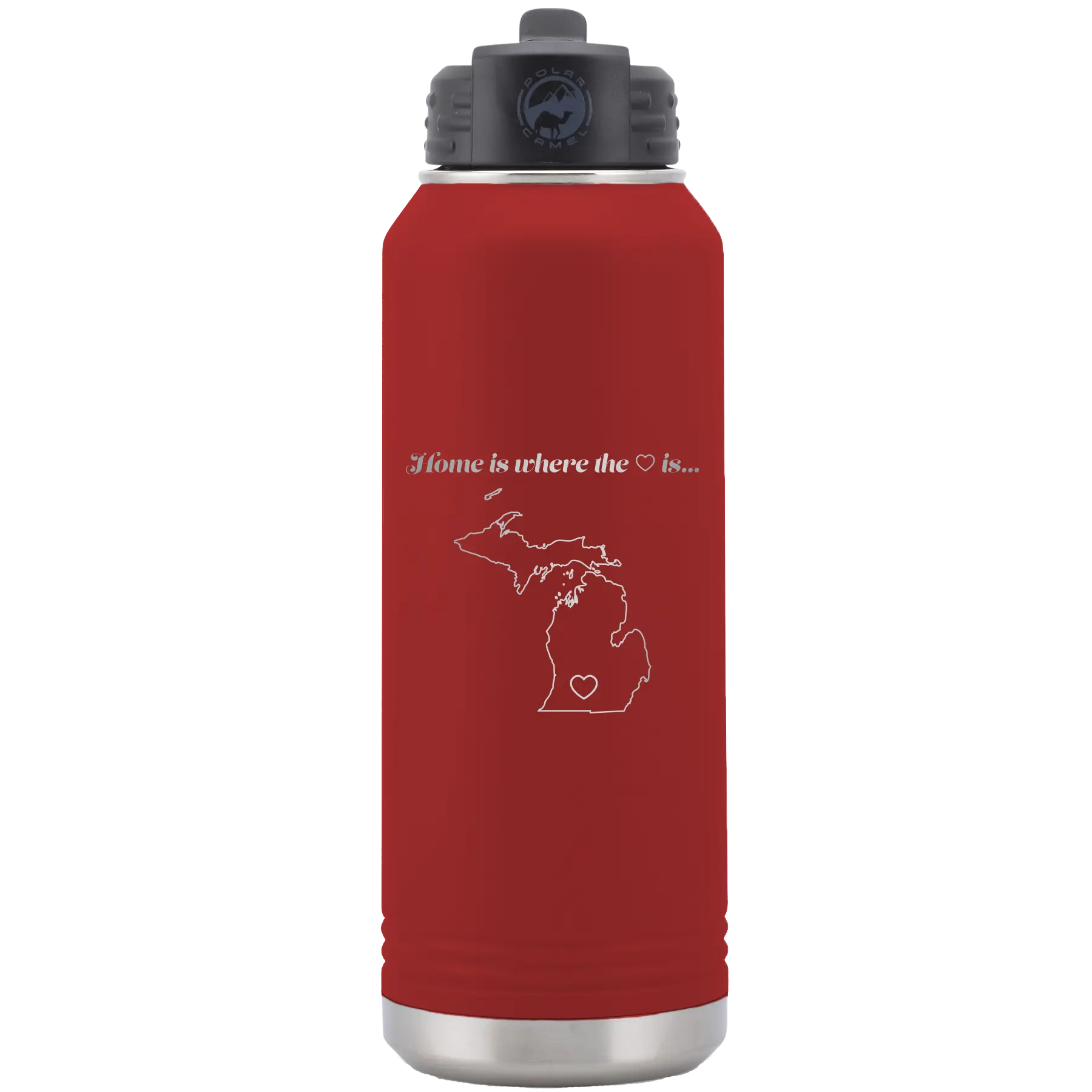 Laser etched maroon 32 oz vacuum insulated water bottle with 'Michigan Heart' design