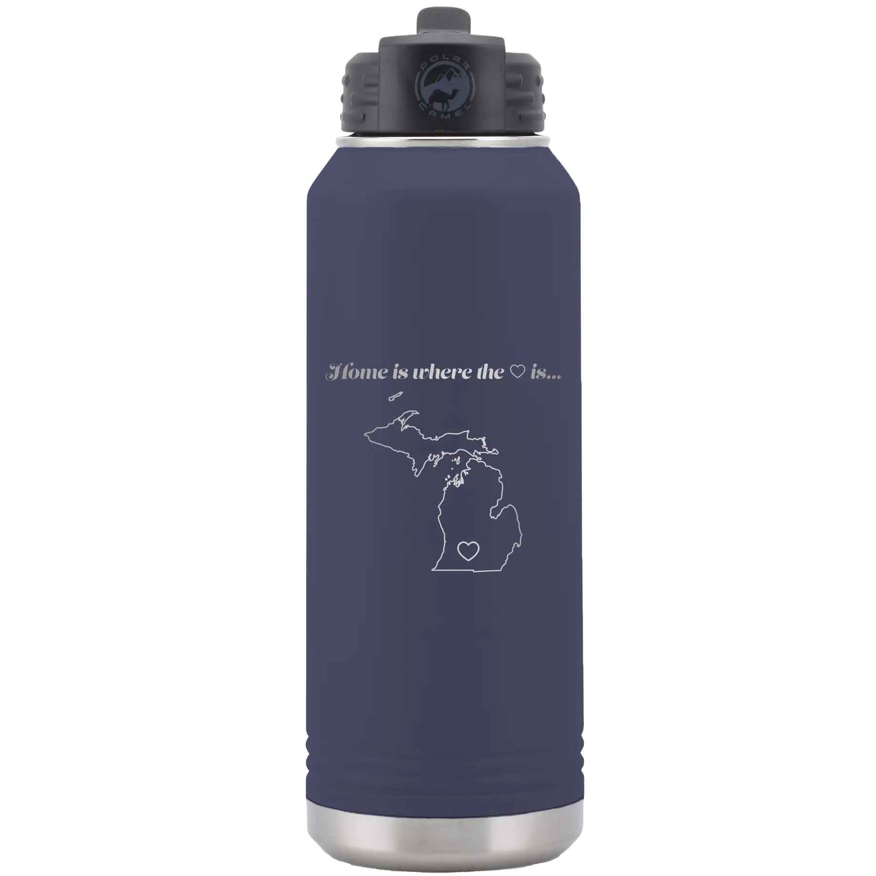 Laser etched navy 32 oz vacuum insulated water bottle with 'Michigan Heart' design