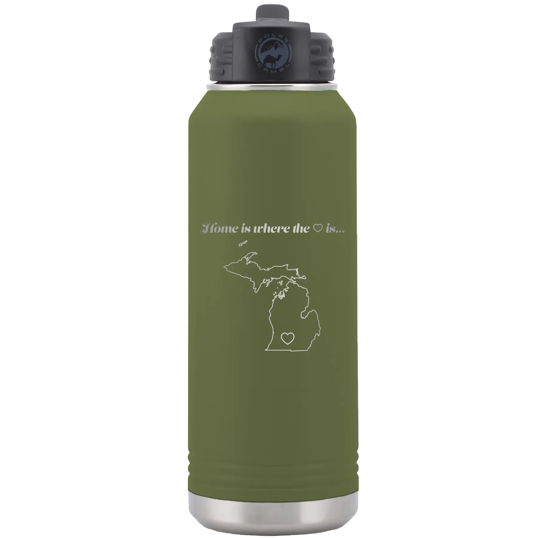 Laser etched olive green 32 oz vacuum insulated water bottle with 'Michigan Heart' design