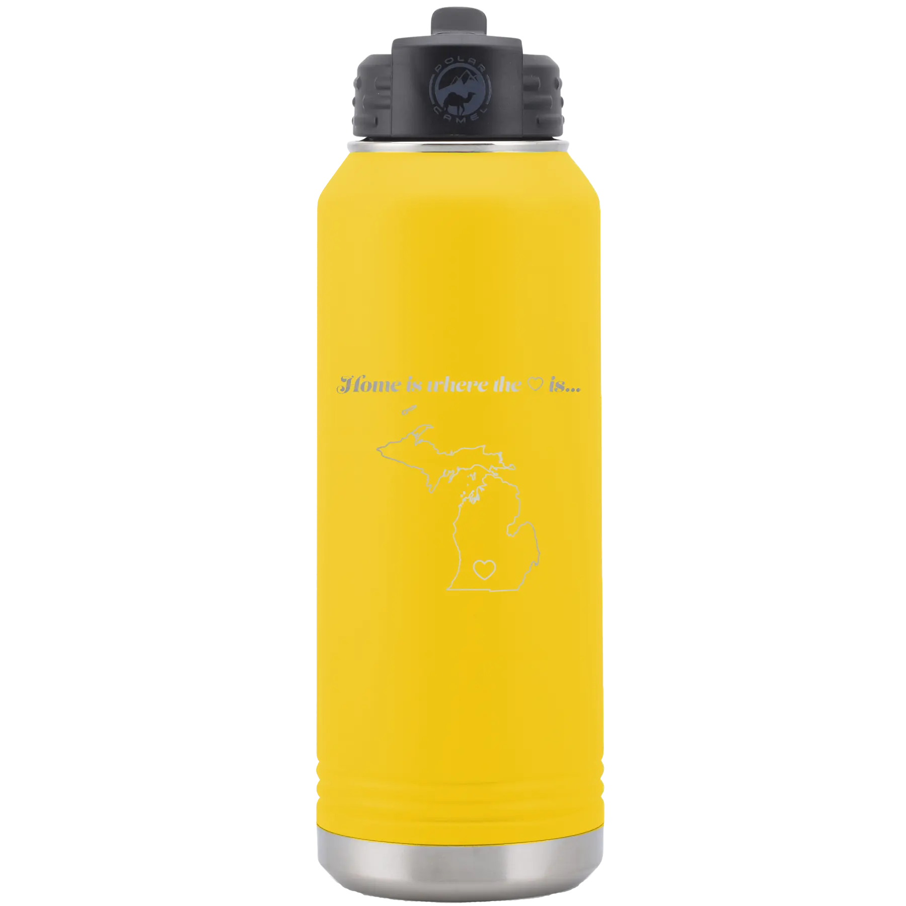 Laser etched yellow 32 oz vacuum insulated water bottle with 'Michigan Heart' design