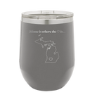 Laser etched dark gray 12 oz vacuum insulated wine cup with 'Michigan Heart' design
