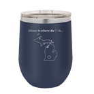 Laser etched navy 12 oz vacuum insulated wine cup with 'Michigan Heart' design