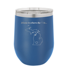 Laser etched royal blue 12 oz vacuum insulated wine cup with 'Michigan Heart' design