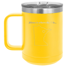 Laser etched yellow 15 oz vacuum insulated coffee mug with 'Minnesota Heart' design