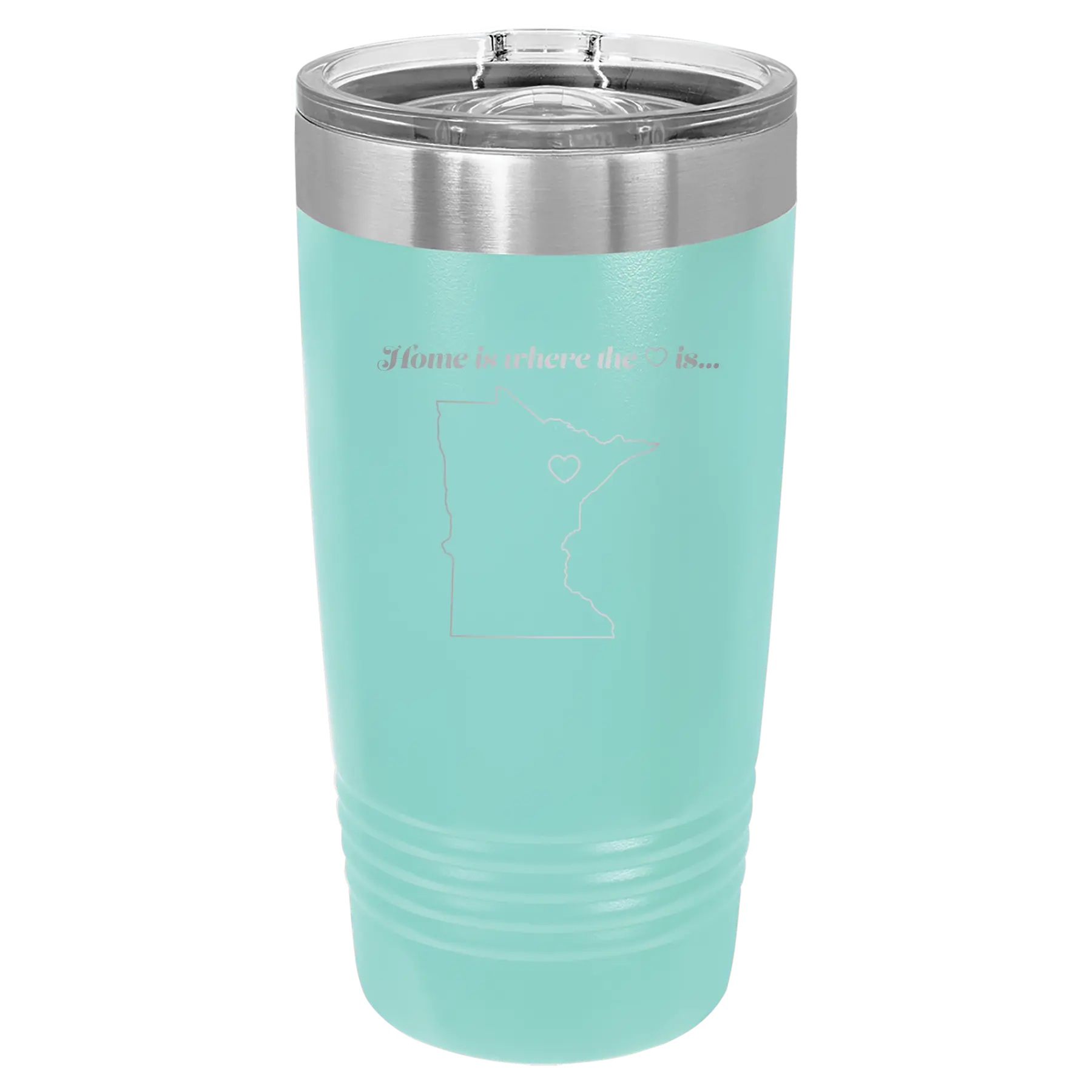 Laser etched teal 20 oz vacuum insulated tumbler with 'Minnesota Heart' design