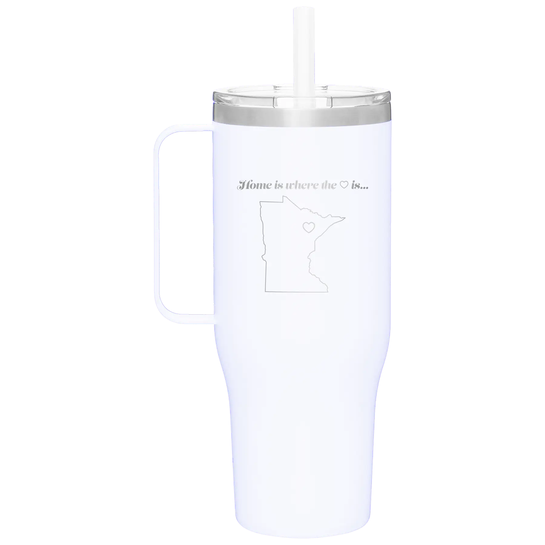 Laser etched white 40 oz vacuum insulated tumbler mug with 'Minnesota Heart' design