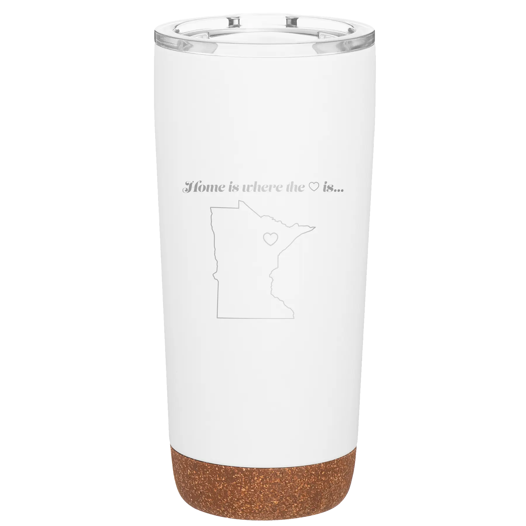 Laser etched white 20 oz vacuum insulated tumbler with 'Minnesota Heart' design