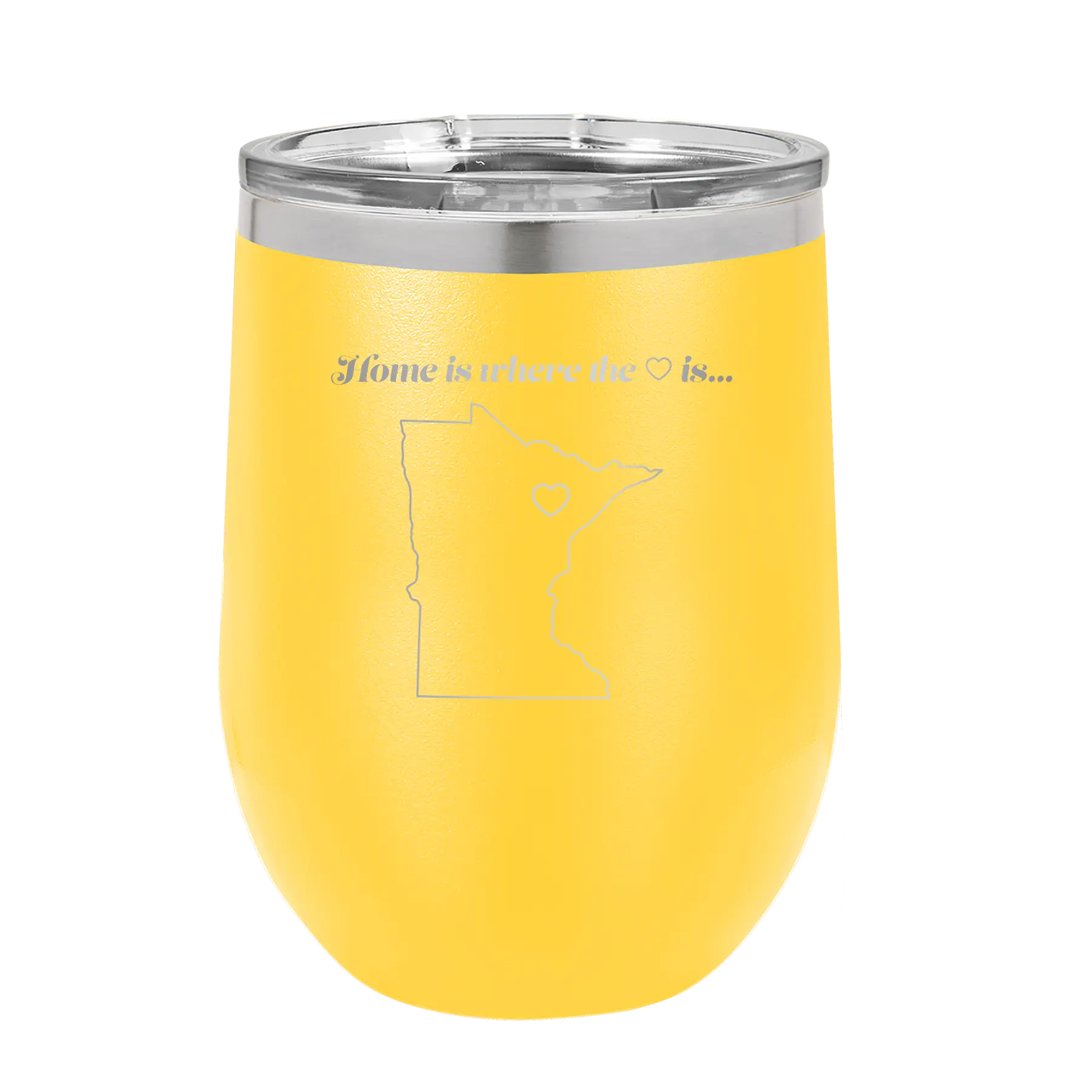 Laser etched yellow 12 oz vacuum insulated wine cup with 'Minnesota Heart' design