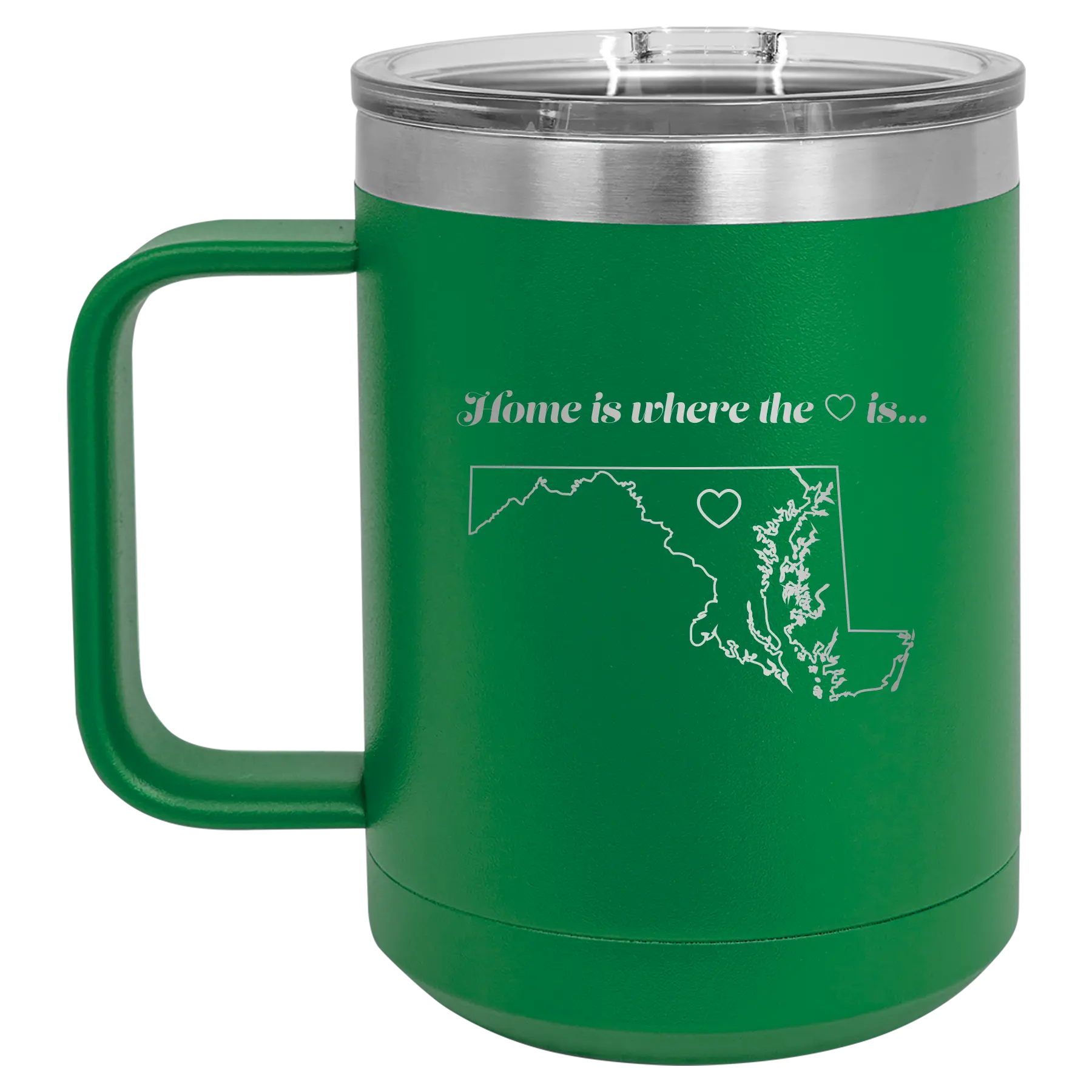 Laser etched green 15 oz vacuum insulated coffee mug with 'Maryland Heart' design