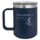 Laser etched navy 15 oz vacuum insulated coffee mug with 'Maryland Heart' design