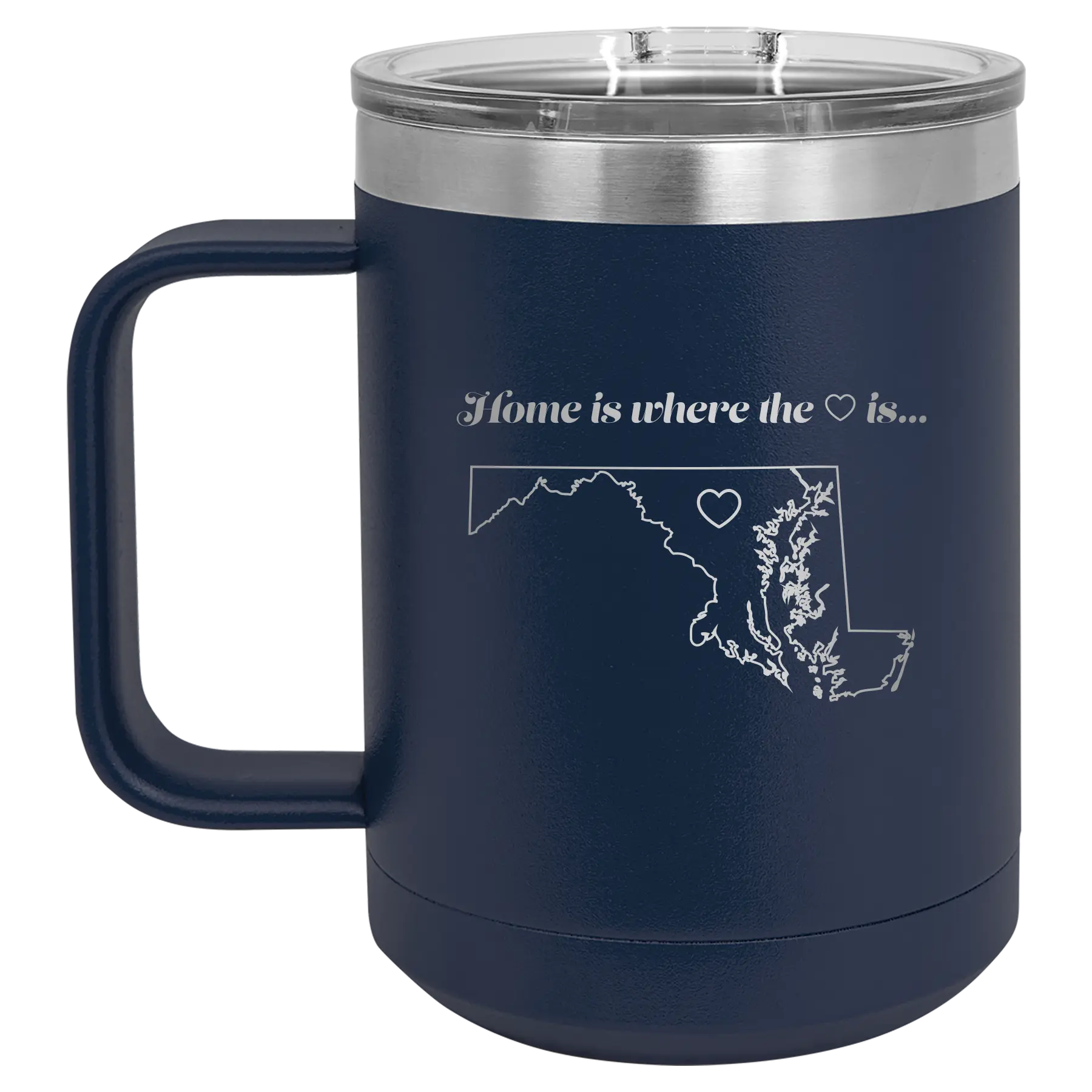 Laser etched navy 15 oz vacuum insulated coffee mug with 'Maryland Heart' design