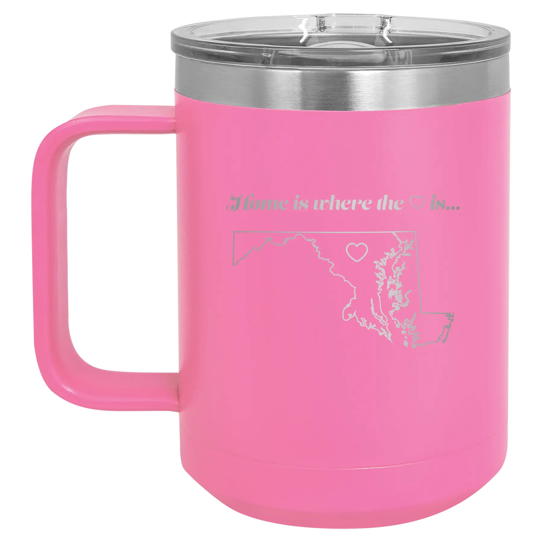 Laser etched pink 15 oz vacuum insulated coffee mug with 'Maryland Heart' design