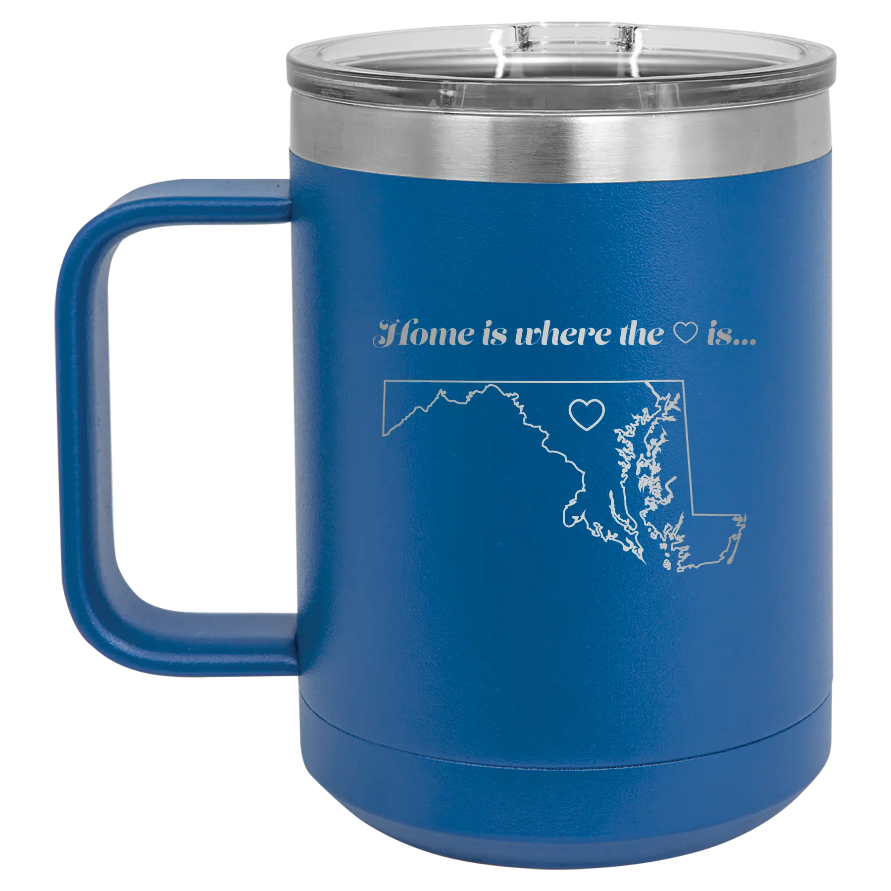 Laser etched royal blue 15 oz vacuum insulated coffee mug with 'Maryland Heart' design