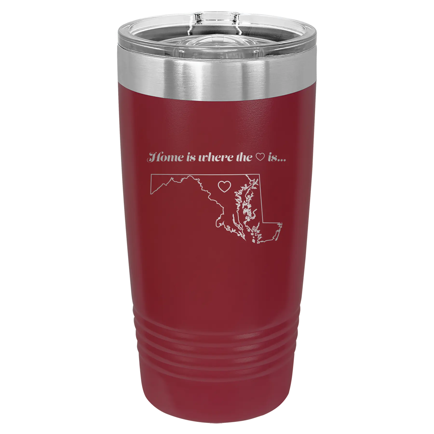 Laser etched maroon 20 oz vacuum insulated tumbler with 'Maryland Heart' design