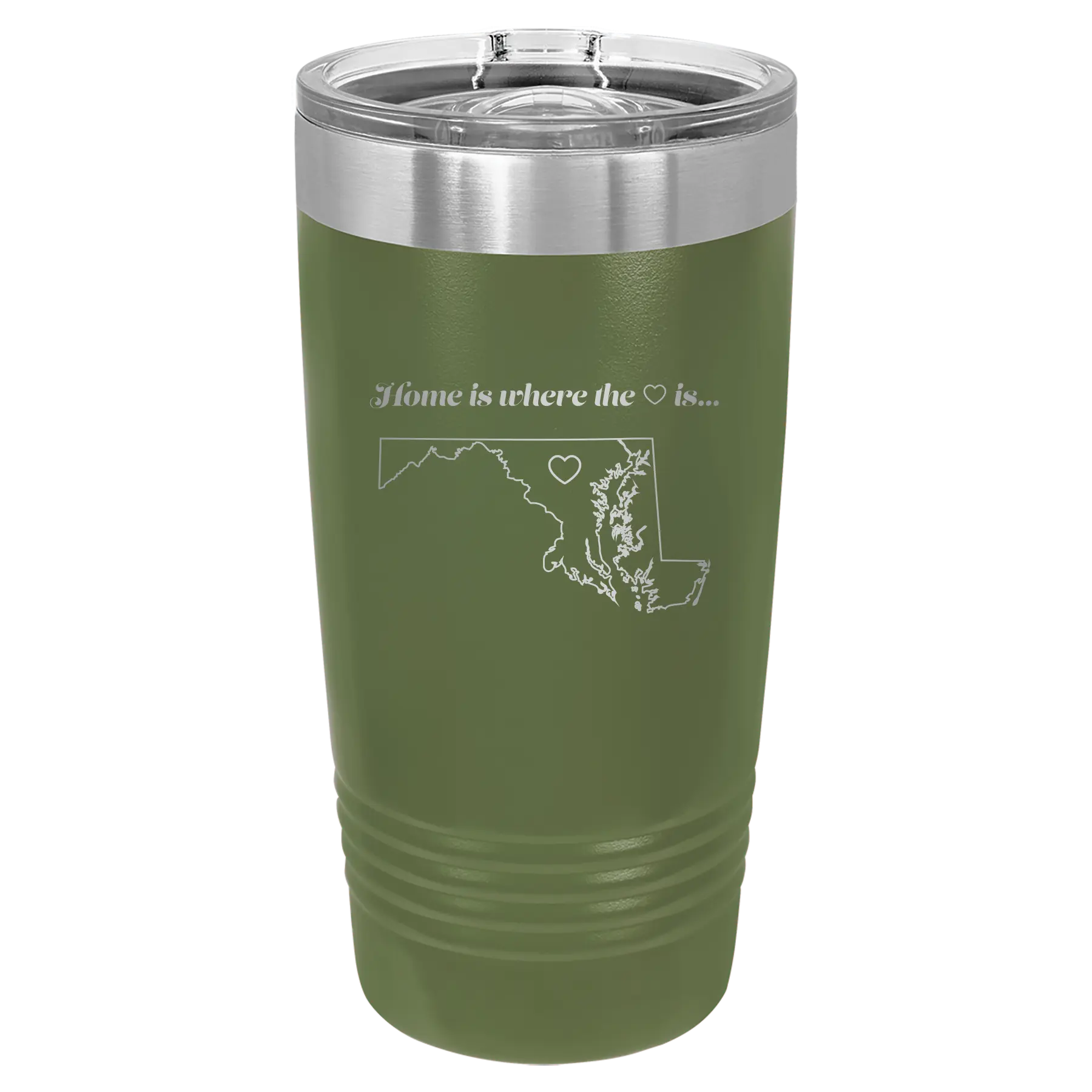 Laser etched olive green 20 oz vacuum insulated tumbler with 'Maryland Heart' design