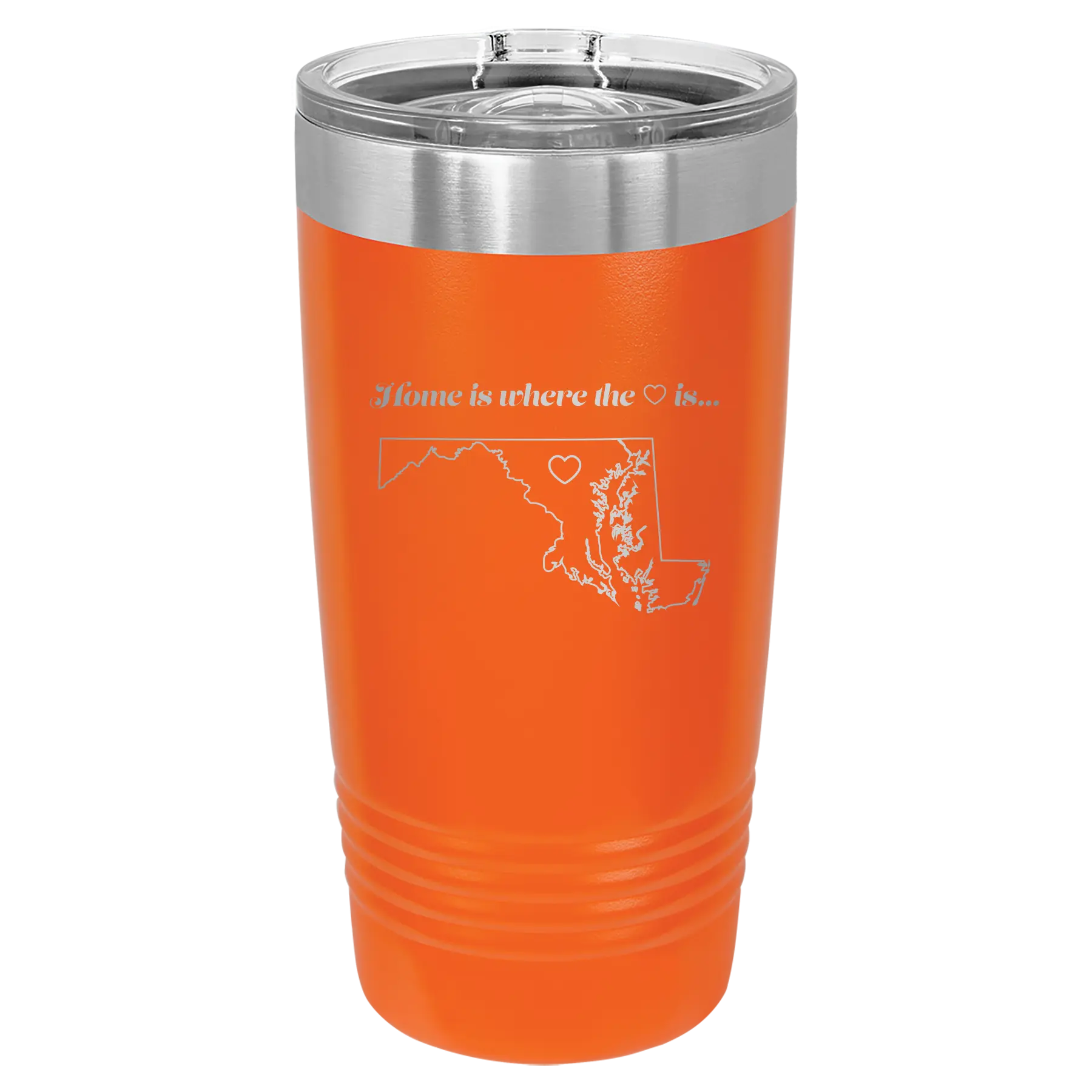 Laser etched orange 20 oz vacuum insulated tumbler with 'Maryland Heart' design