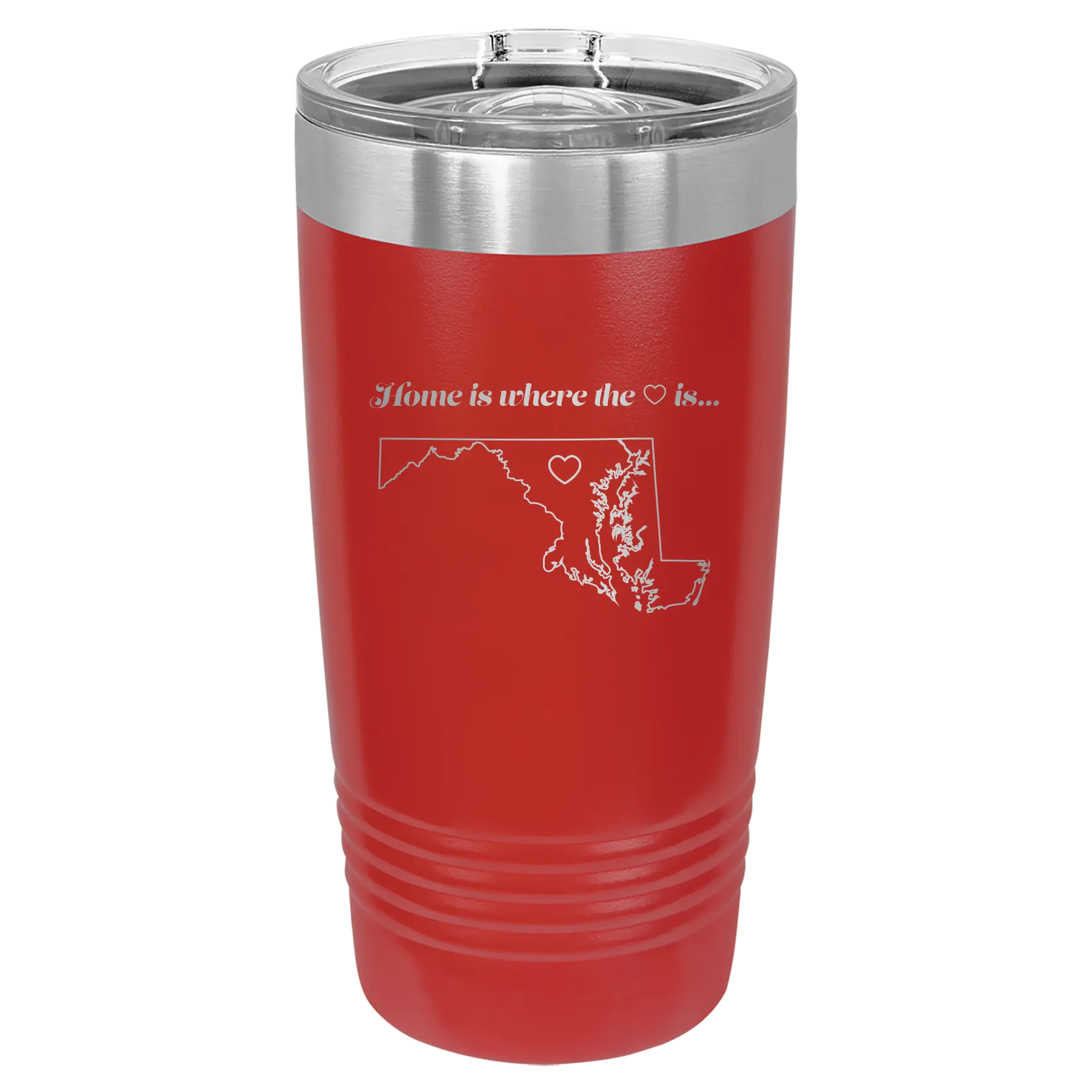 Laser etched red 20 oz vacuum insulated tumbler with 'Maryland Heart' design