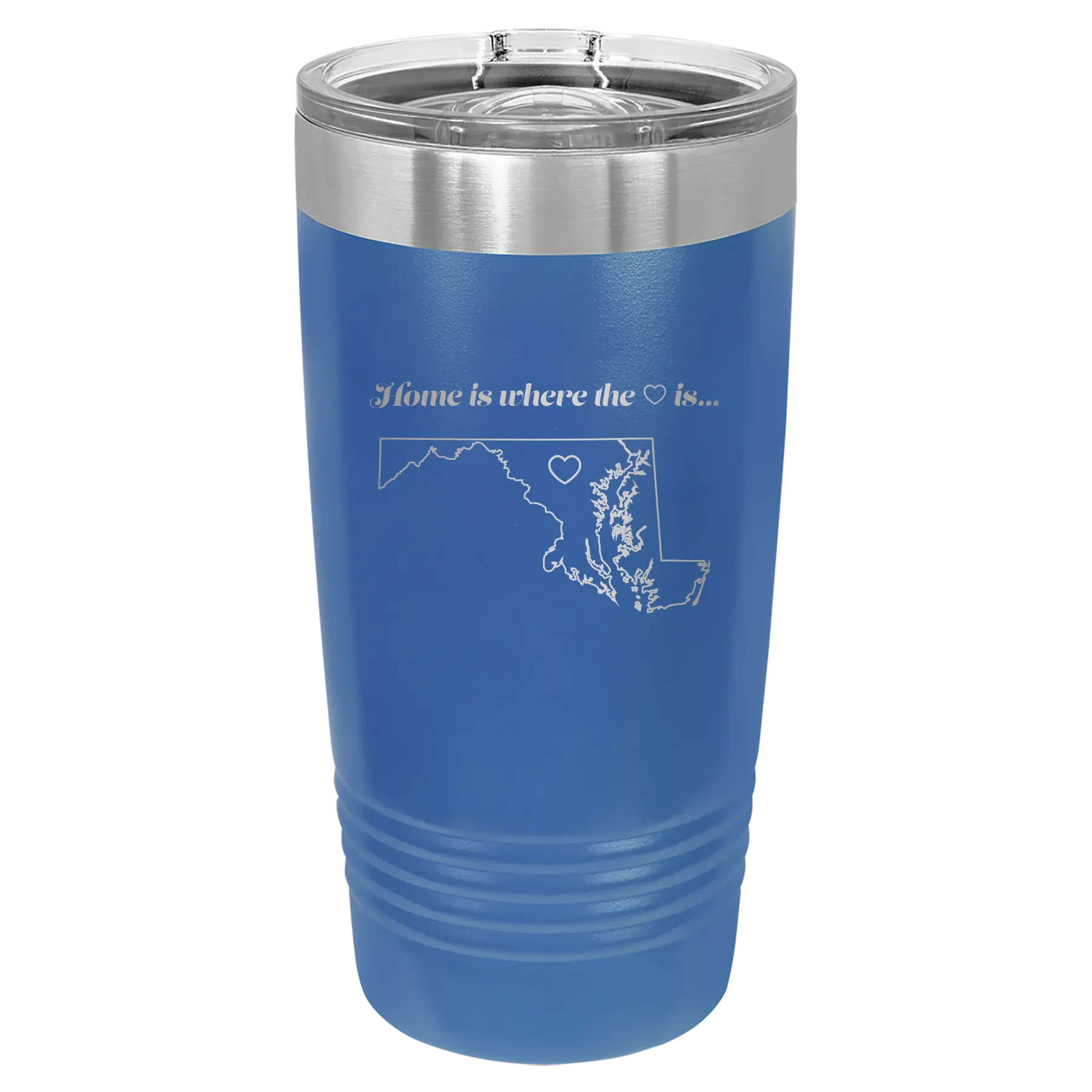 Laser etched royal blue 20 oz vacuum insulated tumbler with 'Maryland Heart' design