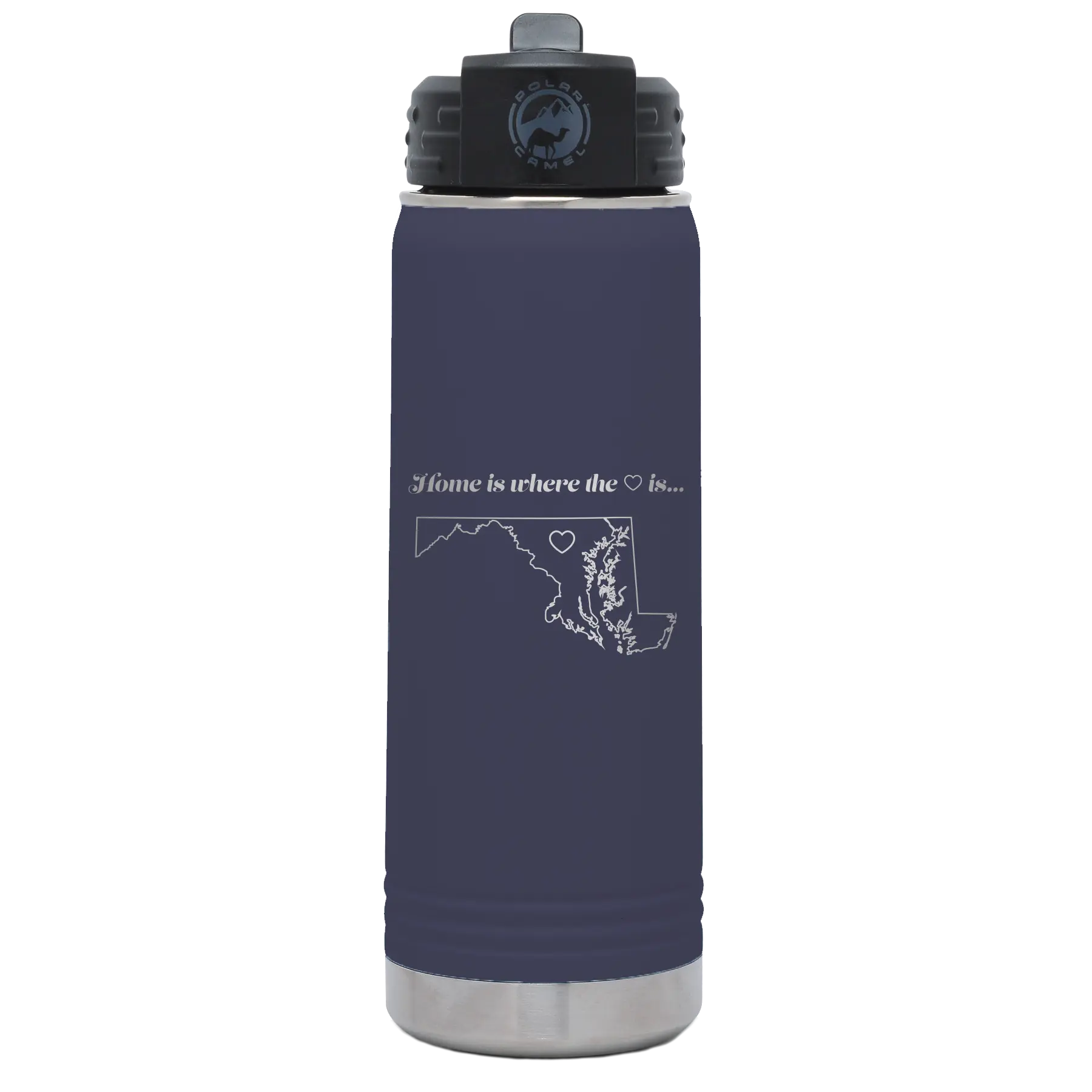 Laser etched navy 20 oz vacuum insulated water bottle with 'Maryland Heart' design