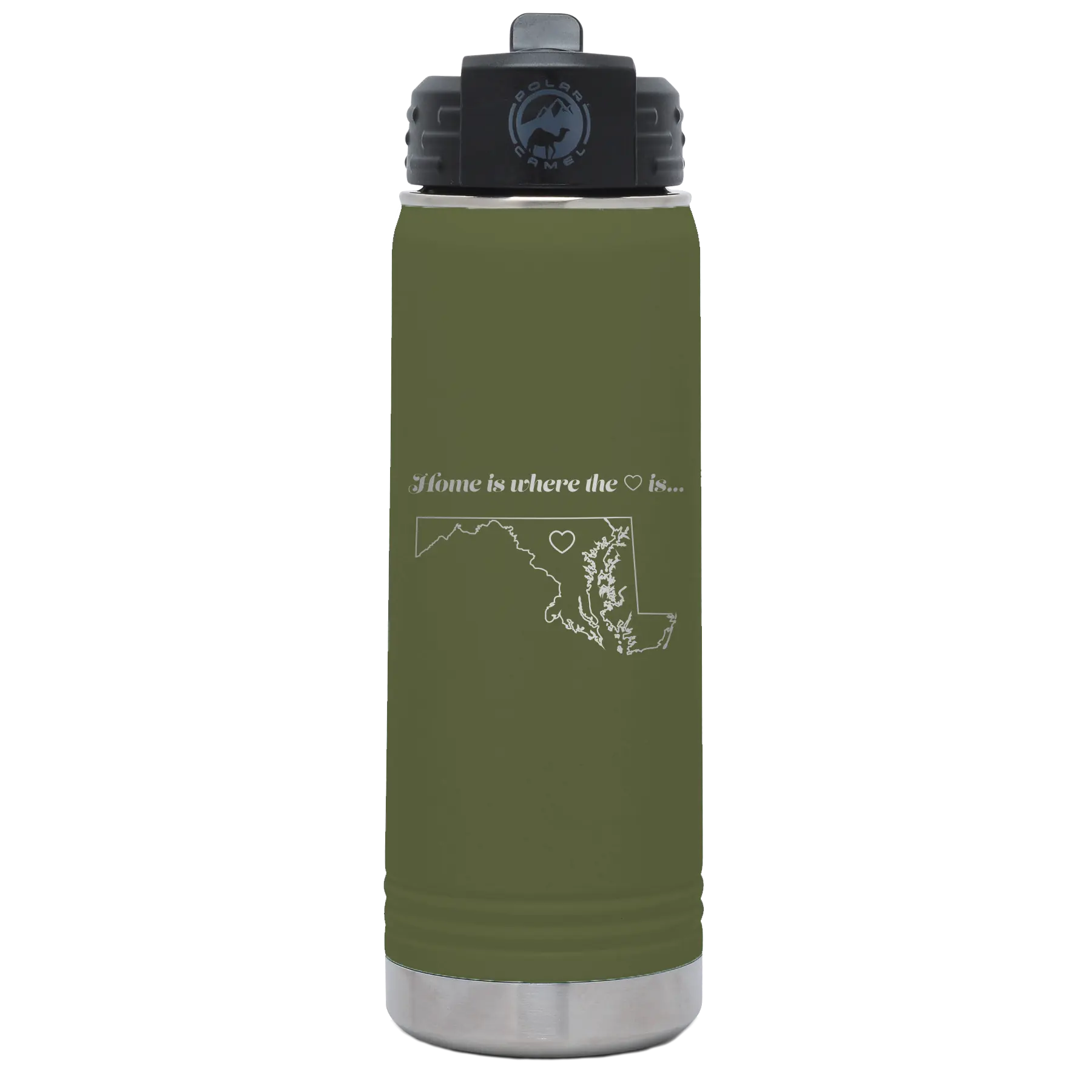 Laser etched olive green 20 oz vacuum insulated water bottle with 'Maryland Heart' design