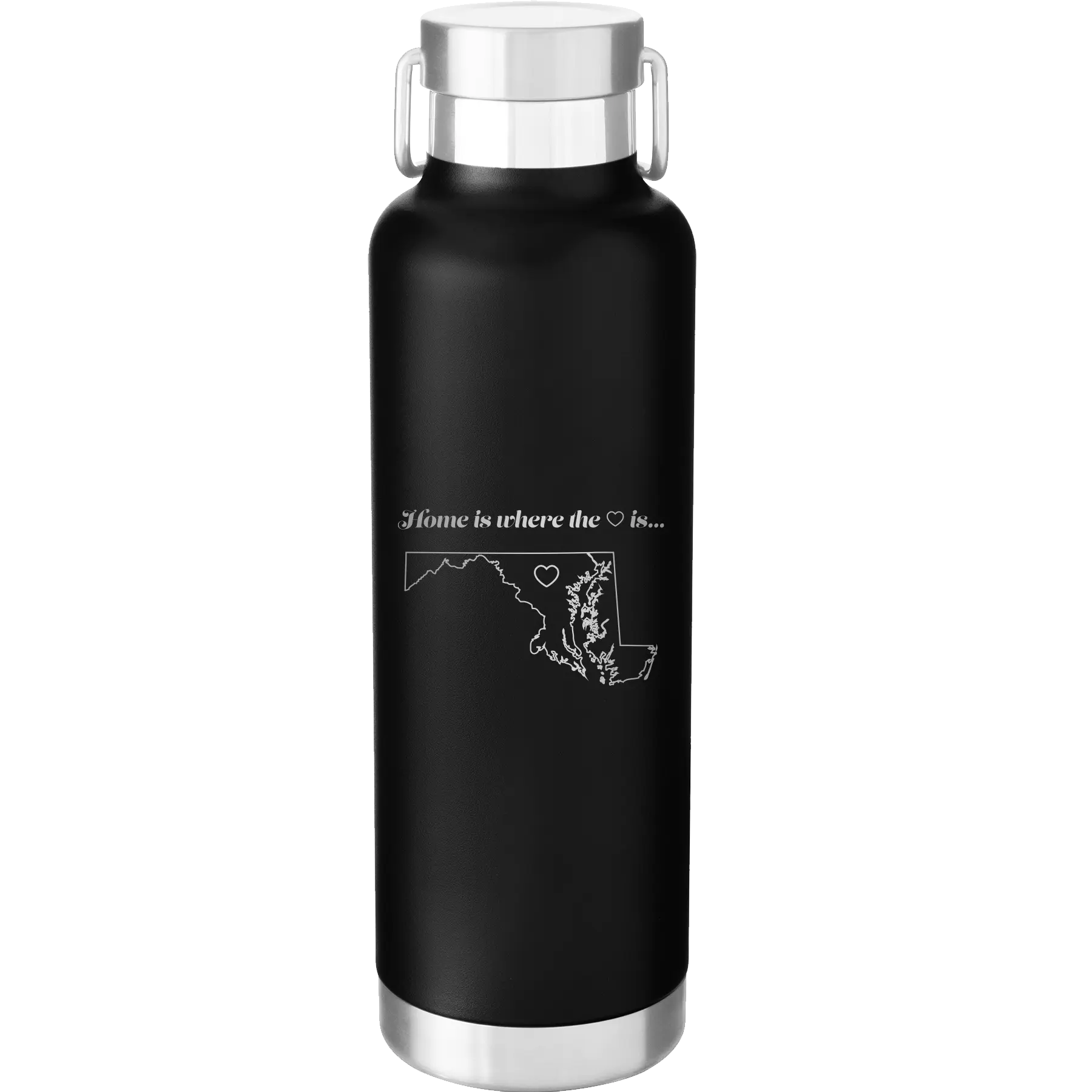 Laser etched black 24 oz vacuum insulated water bottle with 'Maryland Heart' design