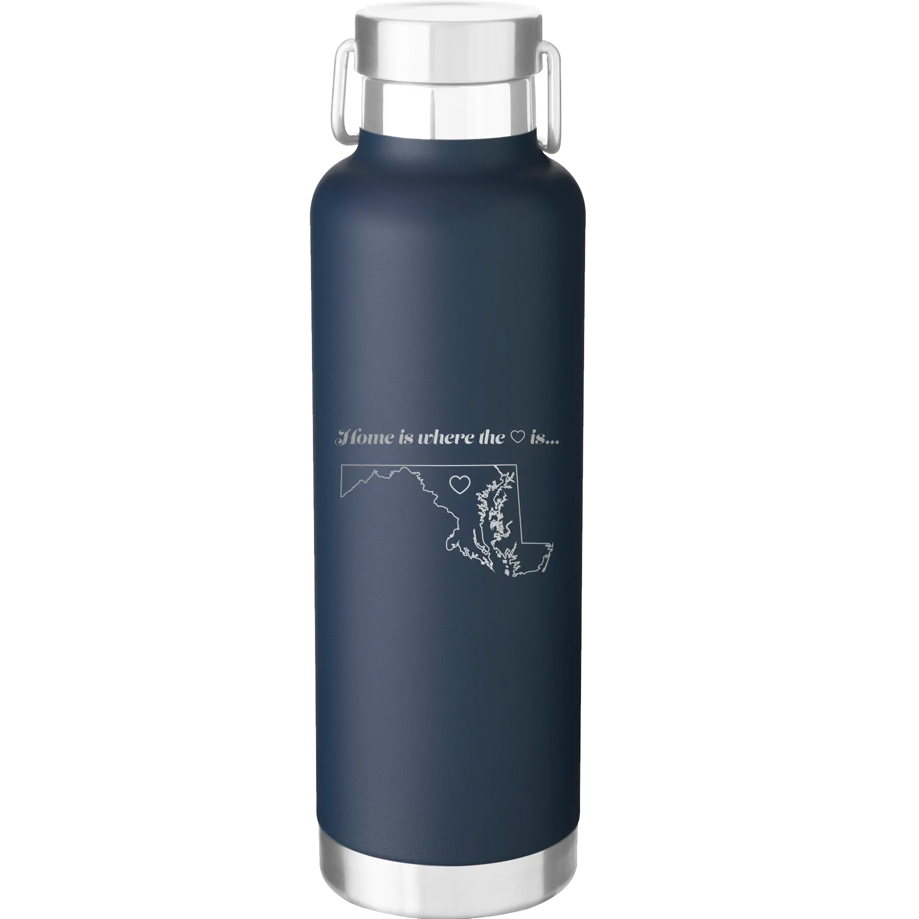 Laser etched navy 24 oz vacuum insulated water bottle with 'Maryland Heart' design