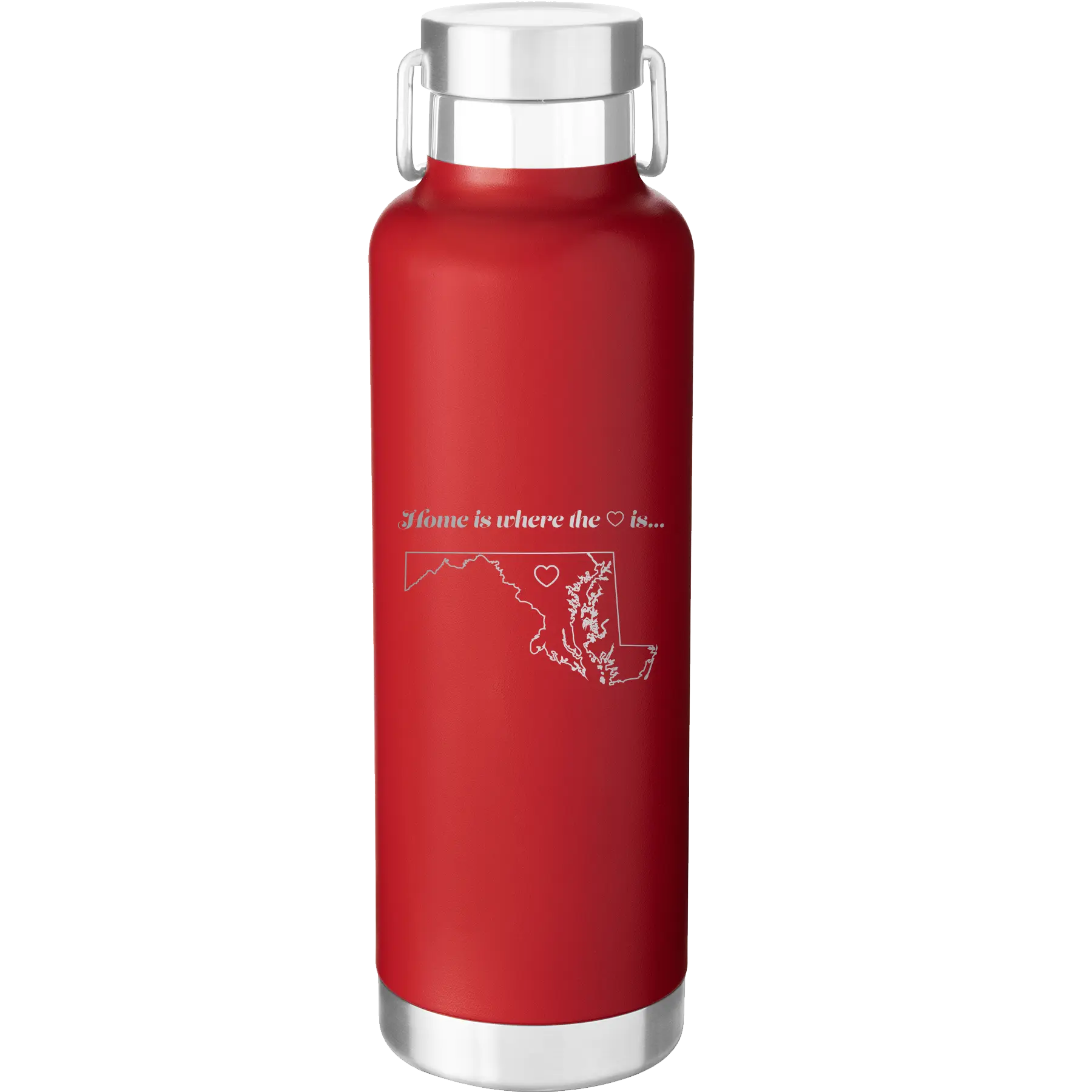 Laser etched red 24 oz vacuum insulated water bottle with 'Maryland Heart' design
