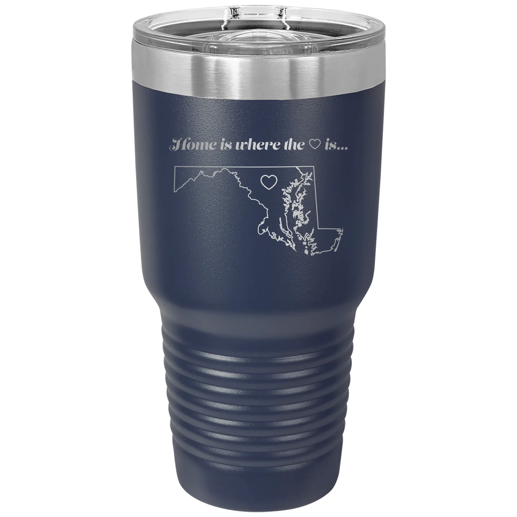 Laser etched navy 30 oz vacuum insulated tumbler with 'Maryland Heart' design