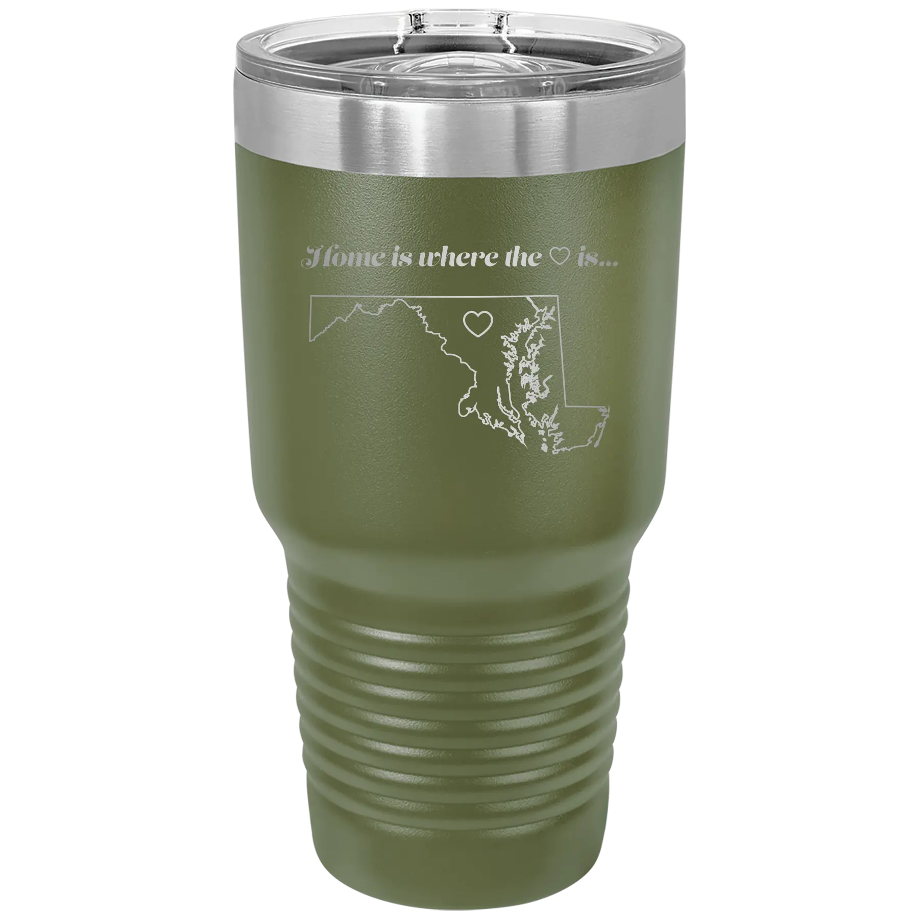 Laser etched olive green 30 oz vacuum insulated tumbler with 'Maryland Heart' design