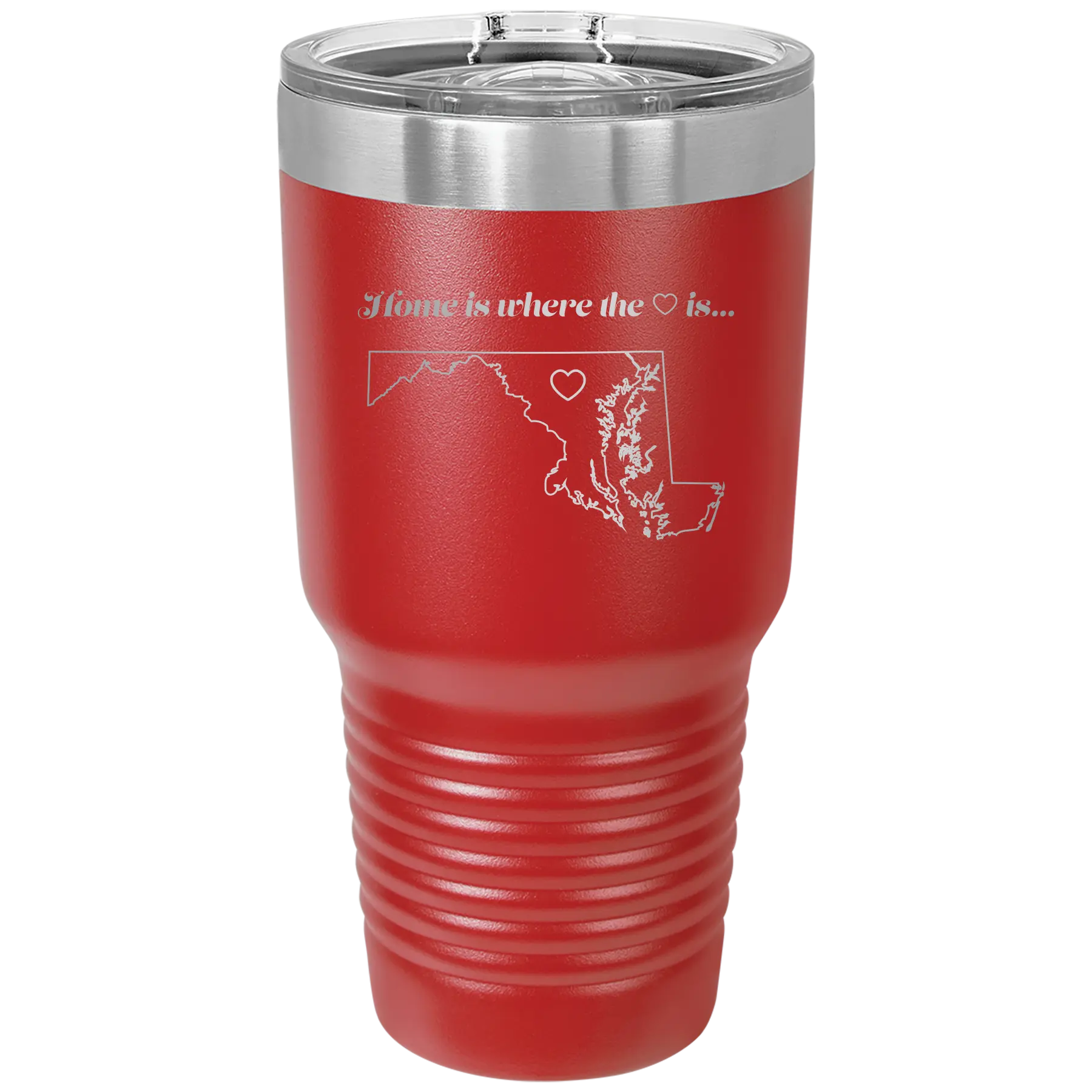 Laser etched red 30 oz vacuum insulated tumbler with 'Maryland Heart' design