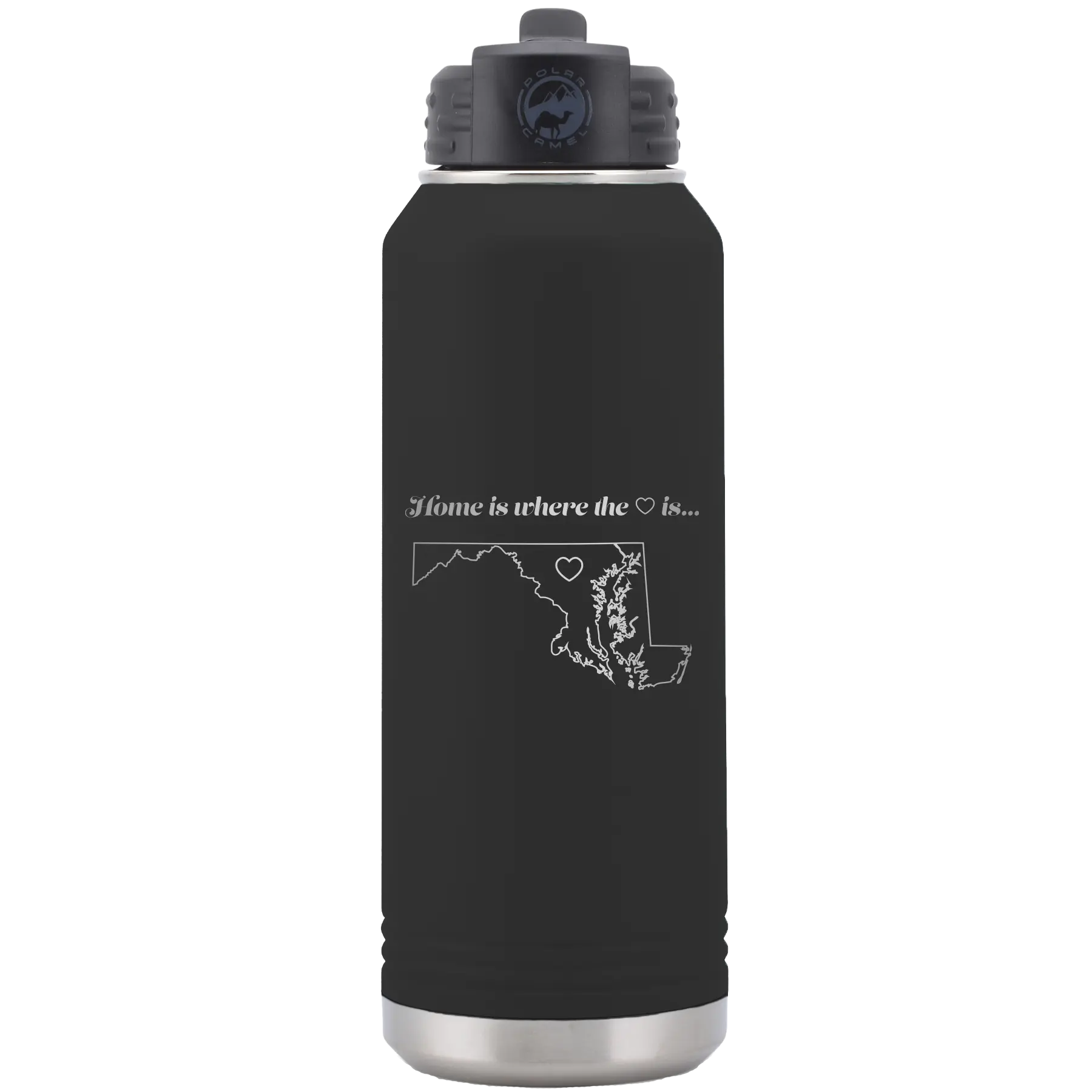 Laser etched black 32 oz vacuum insulated water bottle with 'Maryland Heart' design
