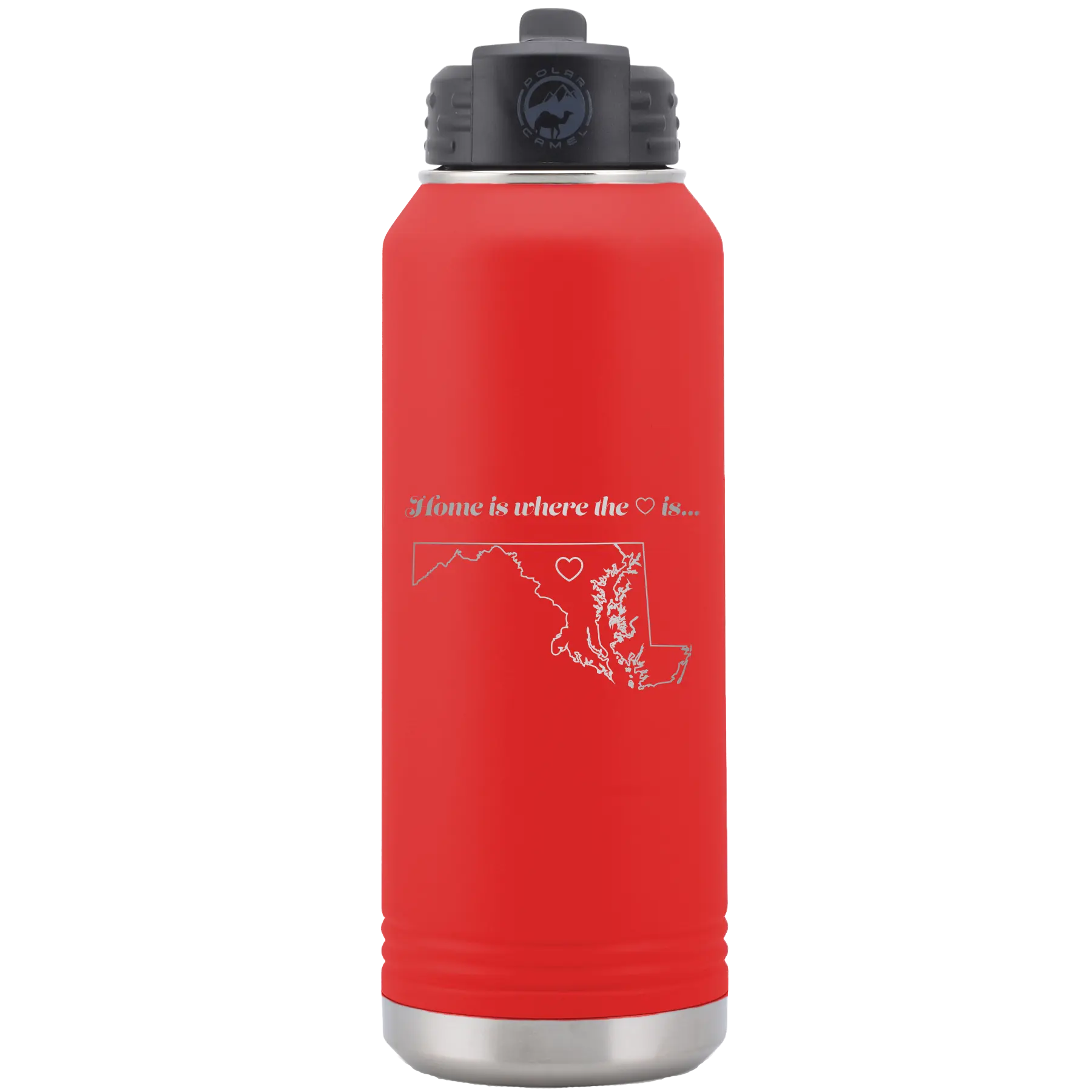 Laser etched red 32 oz vacuum insulated water bottle with 'Maryland Heart' design