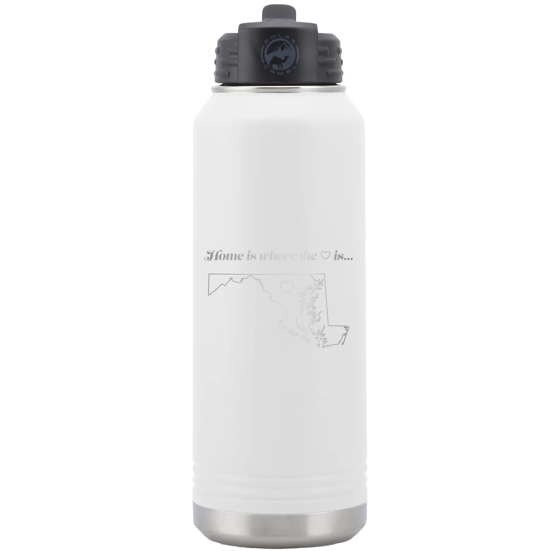 Laser etched white 32 oz vacuum insulated water bottle with 'Maryland Heart' design