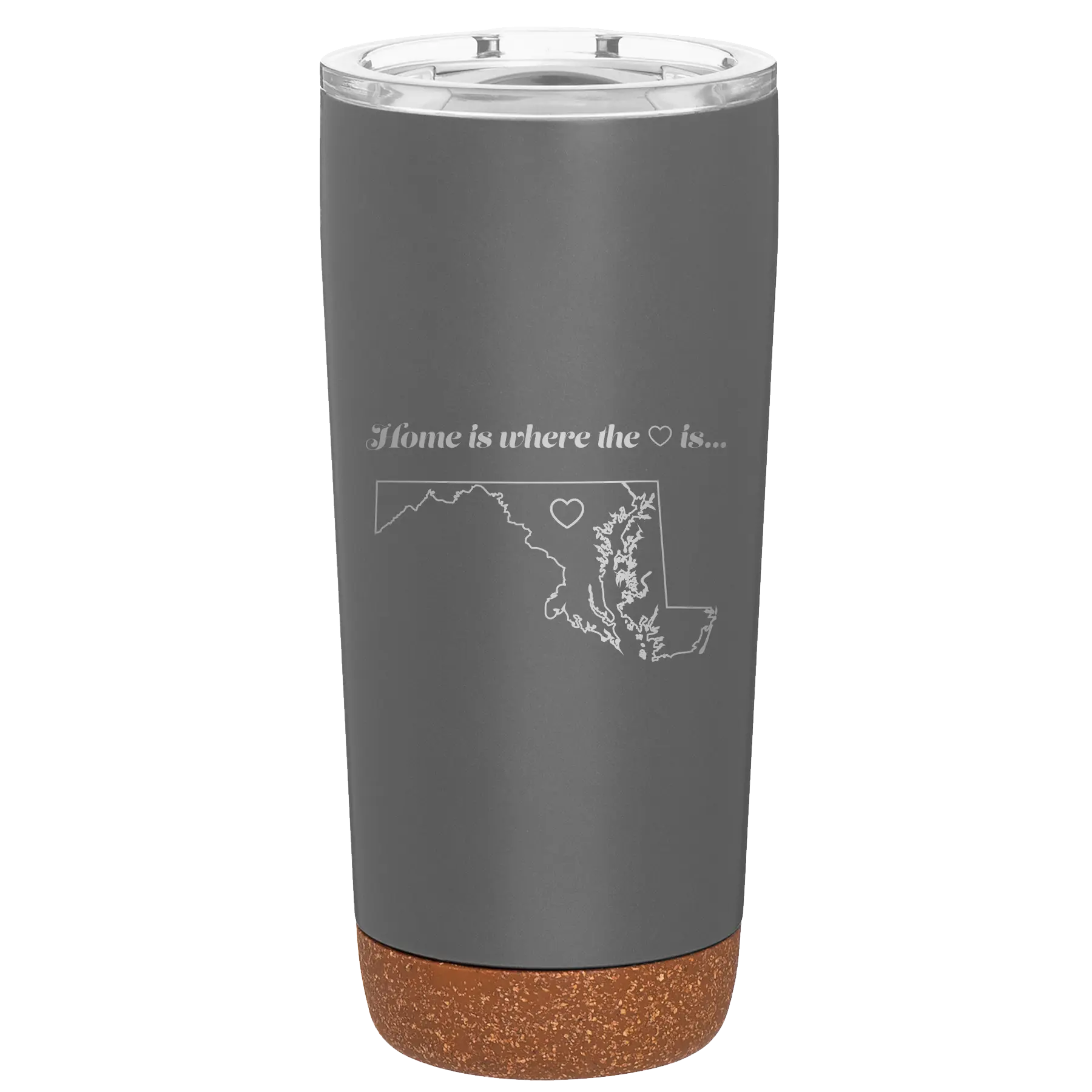 Laser etched storm gray 20 oz vacuum insulated tumbler with 'Maryland Heart' design