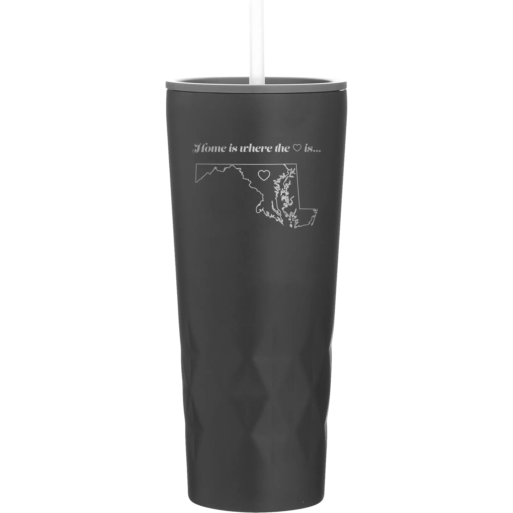 Laser etched black 20 oz vacuum insulated tumbler with 'Maryland Heart' design