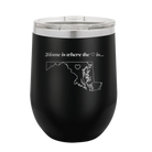Laser etched black 12 oz vacuum insulated wine cup with 'Maryland Heart' design