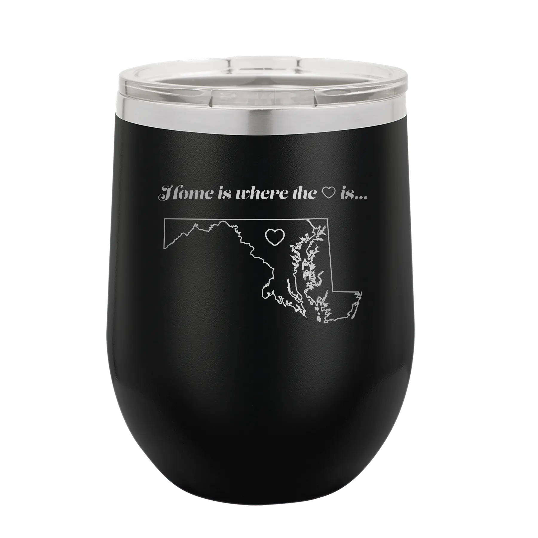 Laser etched black 12 oz vacuum insulated wine cup with 'Maryland Heart' design
