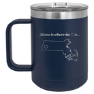 Laser etched navy 15 oz vacuum insulated coffee mug with 'Massachusetts Heart' design