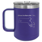 Laser etched purple 15 oz vacuum insulated coffee mug with 'Massachusetts Heart' design