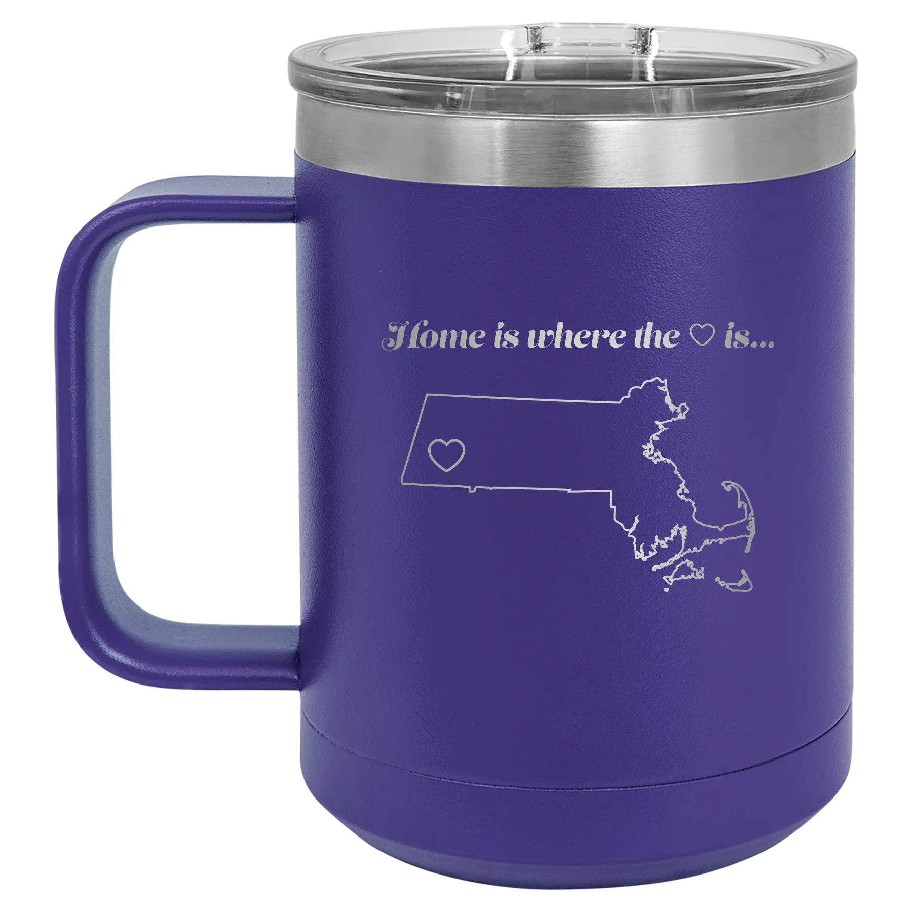 Laser etched purple 15 oz vacuum insulated coffee mug with 'Massachusetts Heart' design
