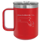Laser etched red 15 oz vacuum insulated coffee mug with 'Massachusetts Heart' design