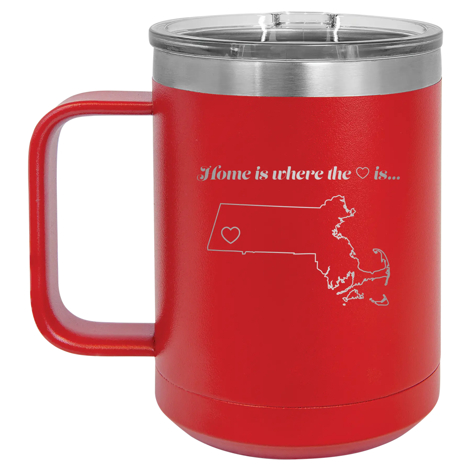 Laser etched red 15 oz vacuum insulated coffee mug with 'Massachusetts Heart' design