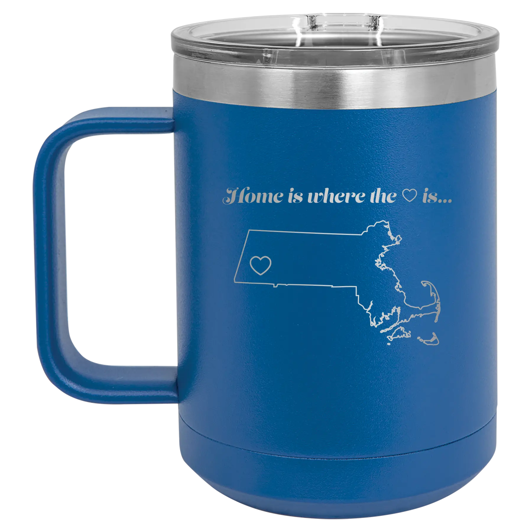 Laser etched royal blue 15 oz vacuum insulated coffee mug with 'Massachusetts Heart' design