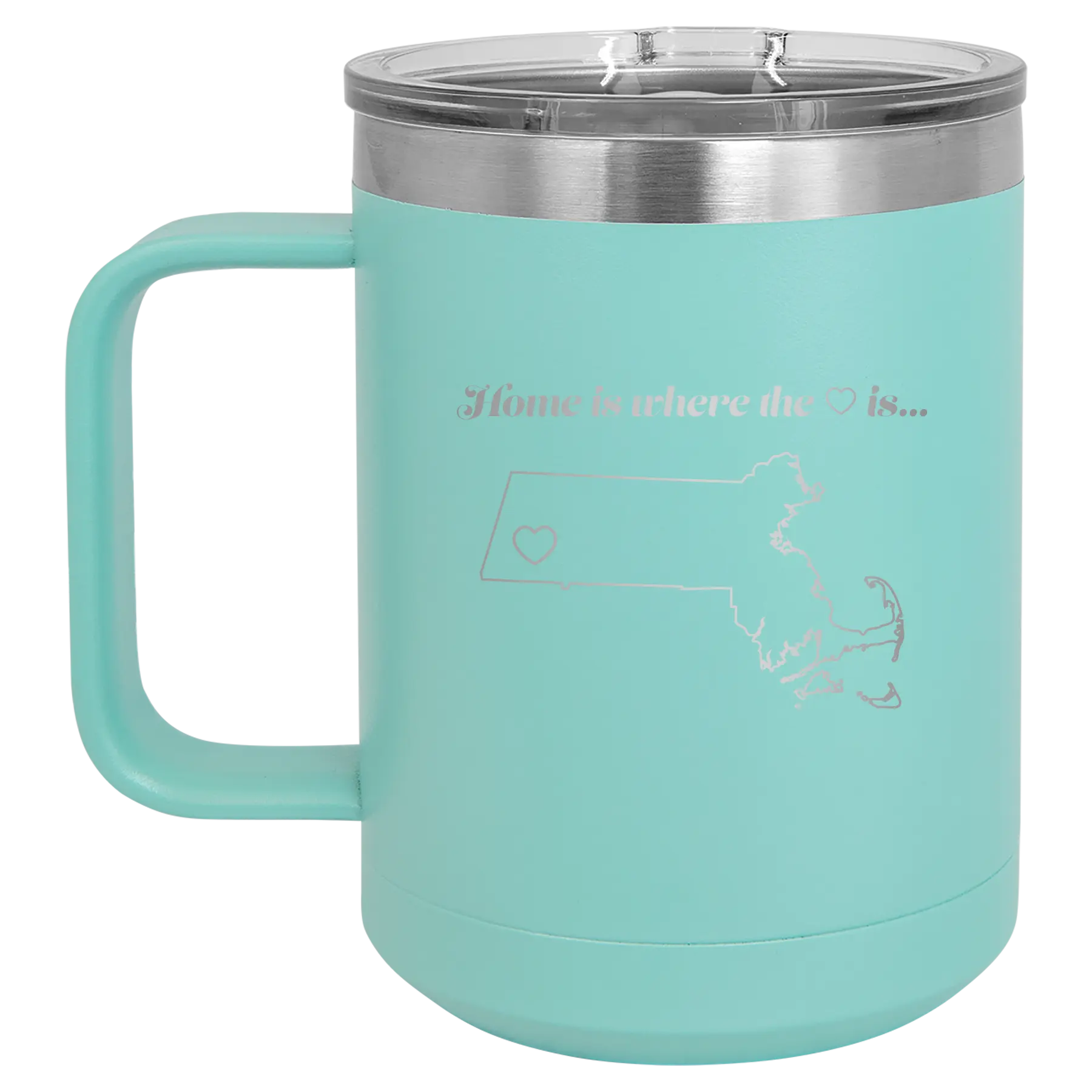 Laser etched teal 15 oz vacuum insulated coffee mug with 'Massachusetts Heart' design