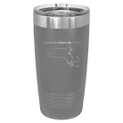 Laser etched dark gray 20 oz vacuum insulated tumbler with 'Massachusetts Heart' design